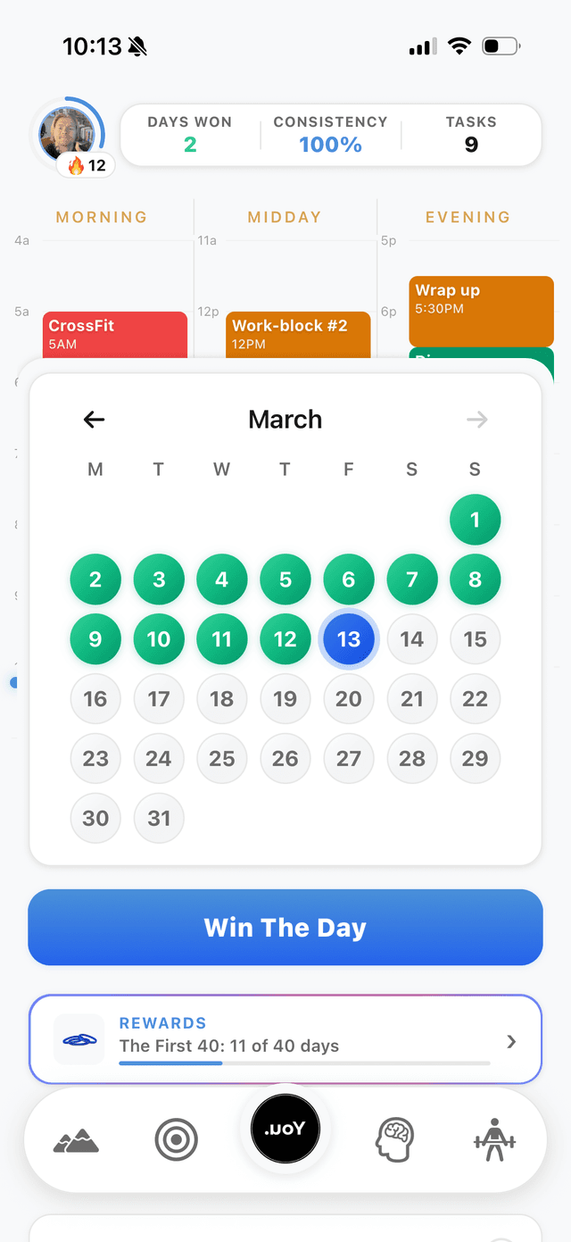 YOU.PRJCT home screen with streak calendar and daily schedule