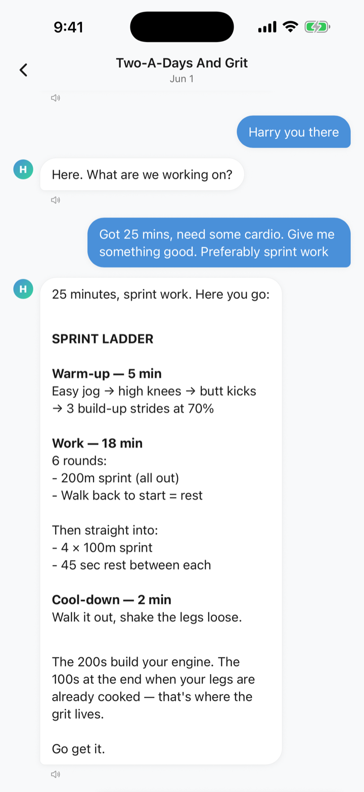Harry, the in-app AI coach, prescribing a sprint workout