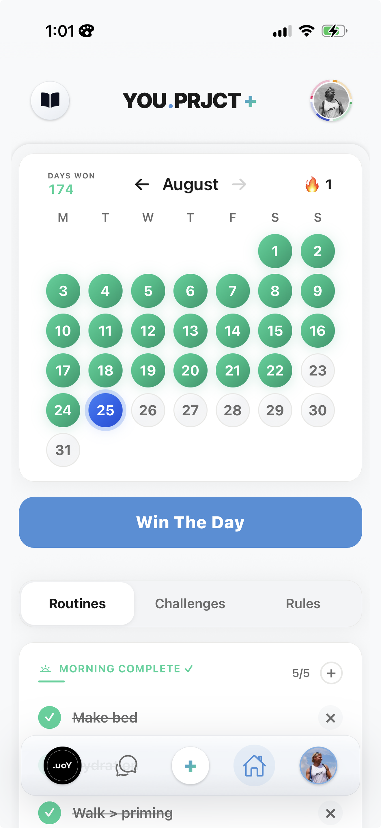 Calendar of days won and the current streak, today ringed